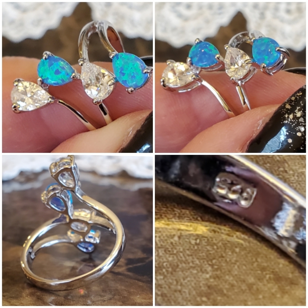 Genuine Blue Fire Opal/White Topaz Ring Size 9 - Picture 6 of 8